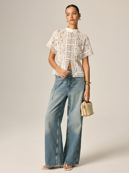 White Frog Button Lace Short Sleeve Top – view 5