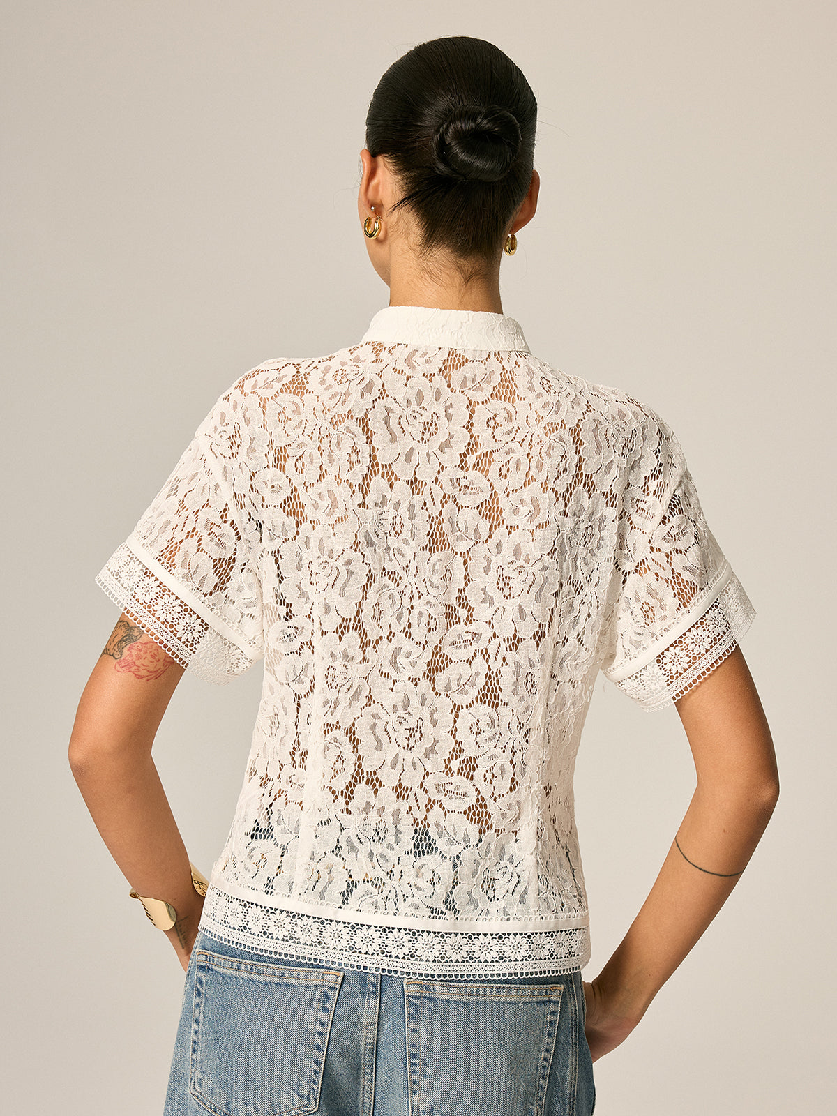 White Frog Button Lace Short Sleeve Top – view 8