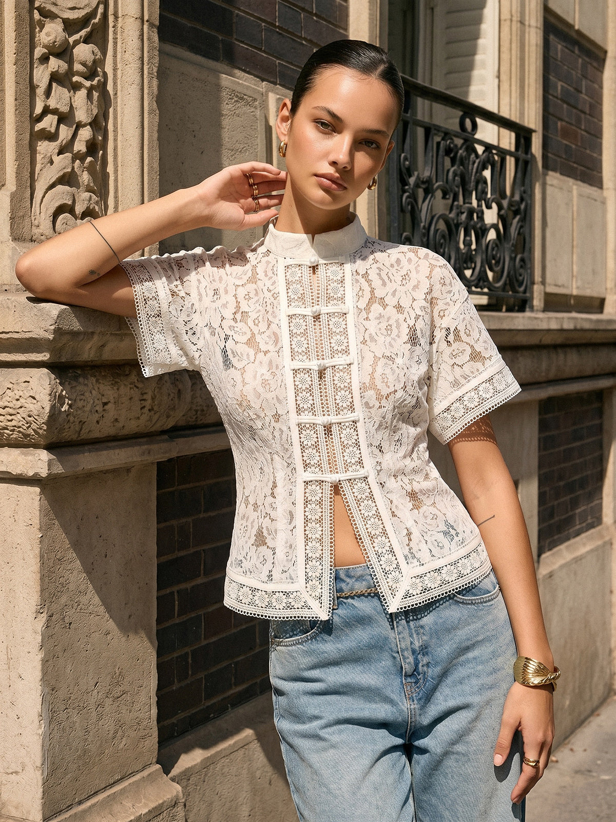 White Frog Button Lace Short Sleeve Top