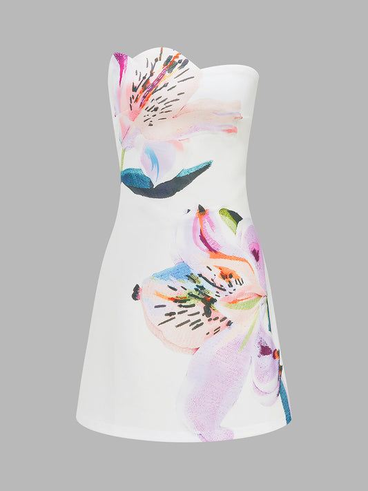 White Floral Print Strapless A-Line Mini Dress