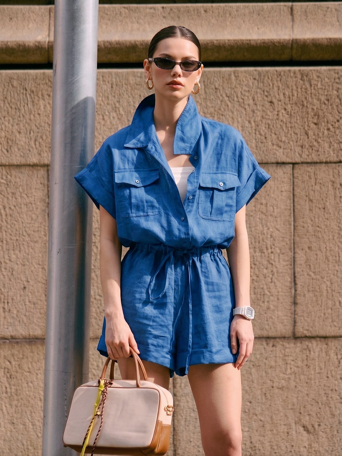 Cotton Linen Drawstring Shirt Playsuit – view 7