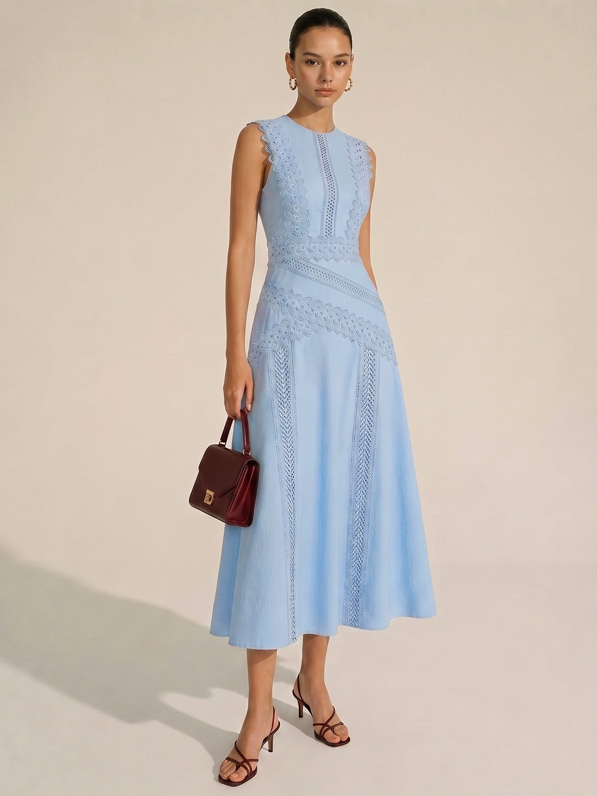 Light Blue Lace Panel Sleeveless Maxi Dress