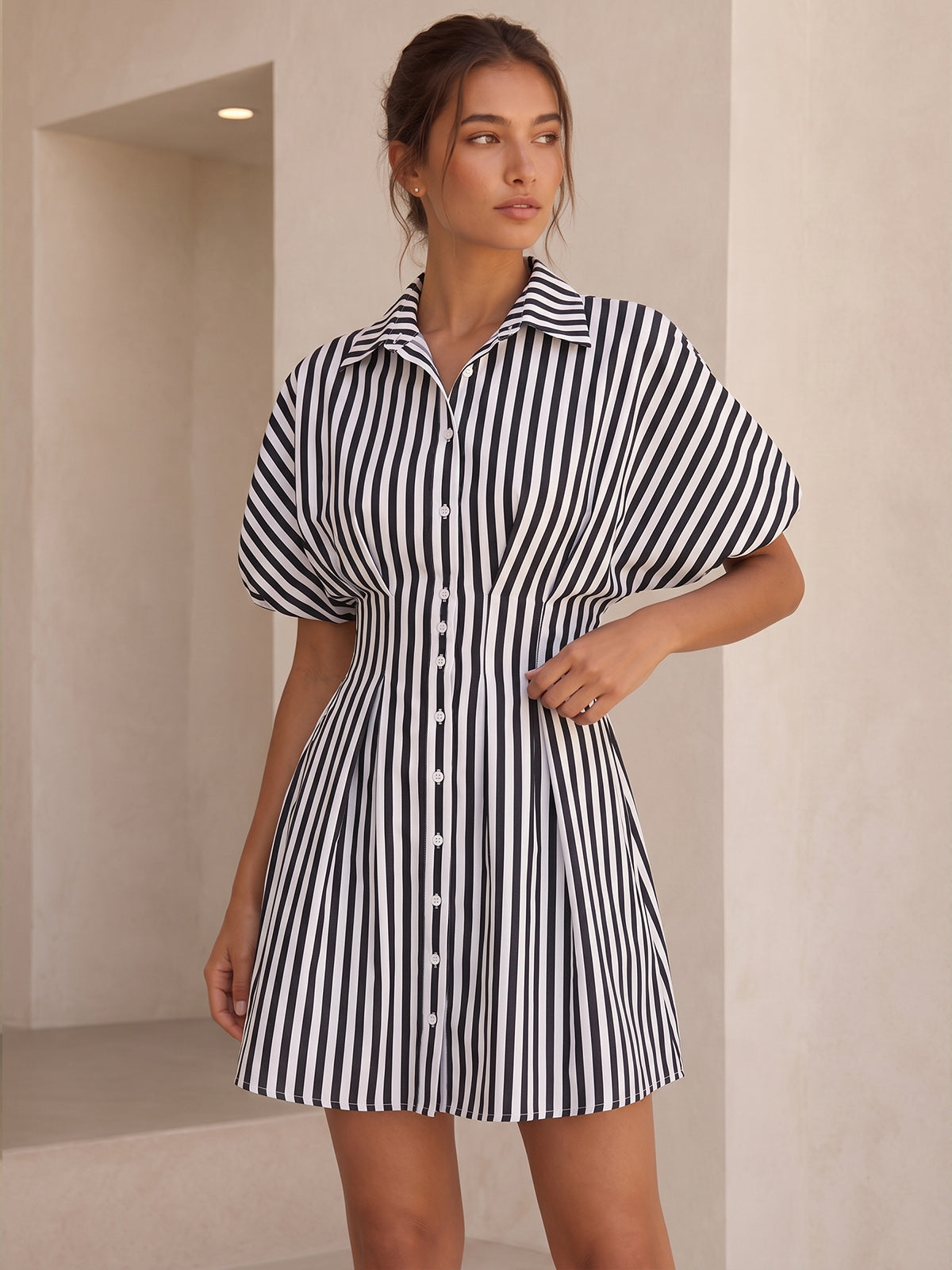 Striped Cinched Waist Shirt Dress – view 7