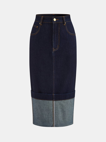 Navy Two-Tone Cuffed Denim Midi Pencil Skirt – view 2