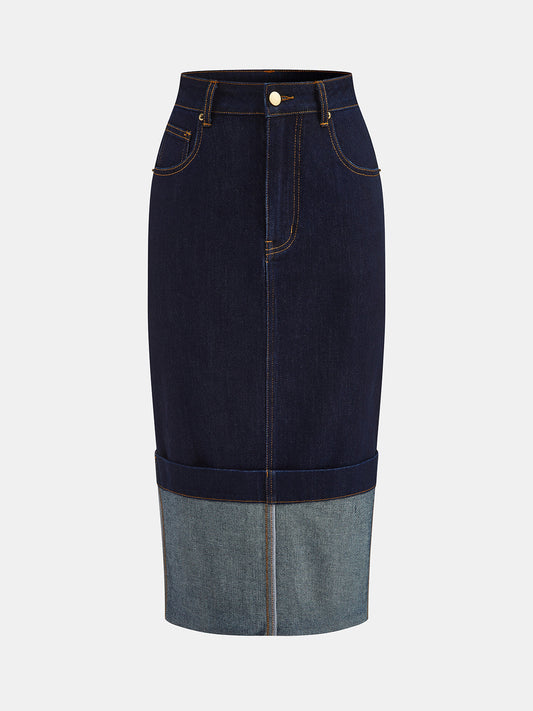Navy Two-Tone Cuffed Denim Midi Pencil Skirt – view 2