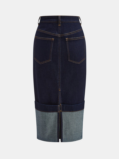 Navy Two-Tone Cuffed Denim Midi Pencil Skirt – view 3