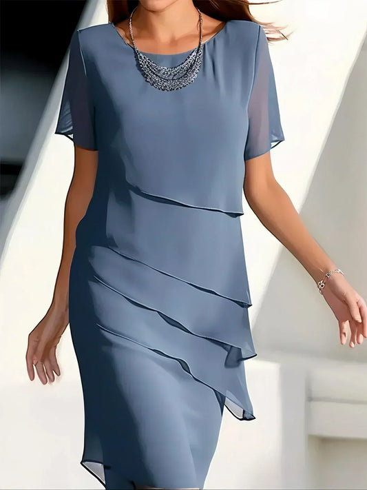Layered Hem Short Sleeve Midi Dress – Blue