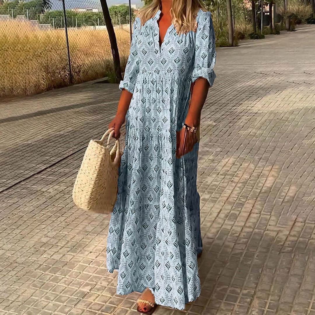 Boho V-Neck Flowing Maxi Dress – Blue