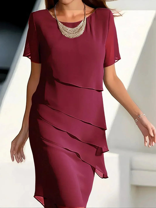 Layered Hem Short Sleeve Midi Dress – Red