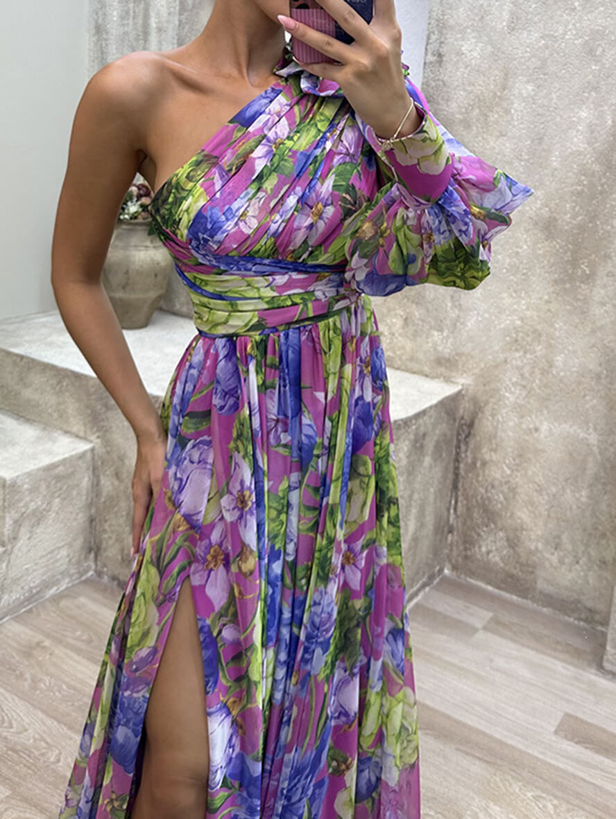 Floral One-Shoulder Maxi Dress with Side Slit in Purple – close-up of one-shoulder bodice