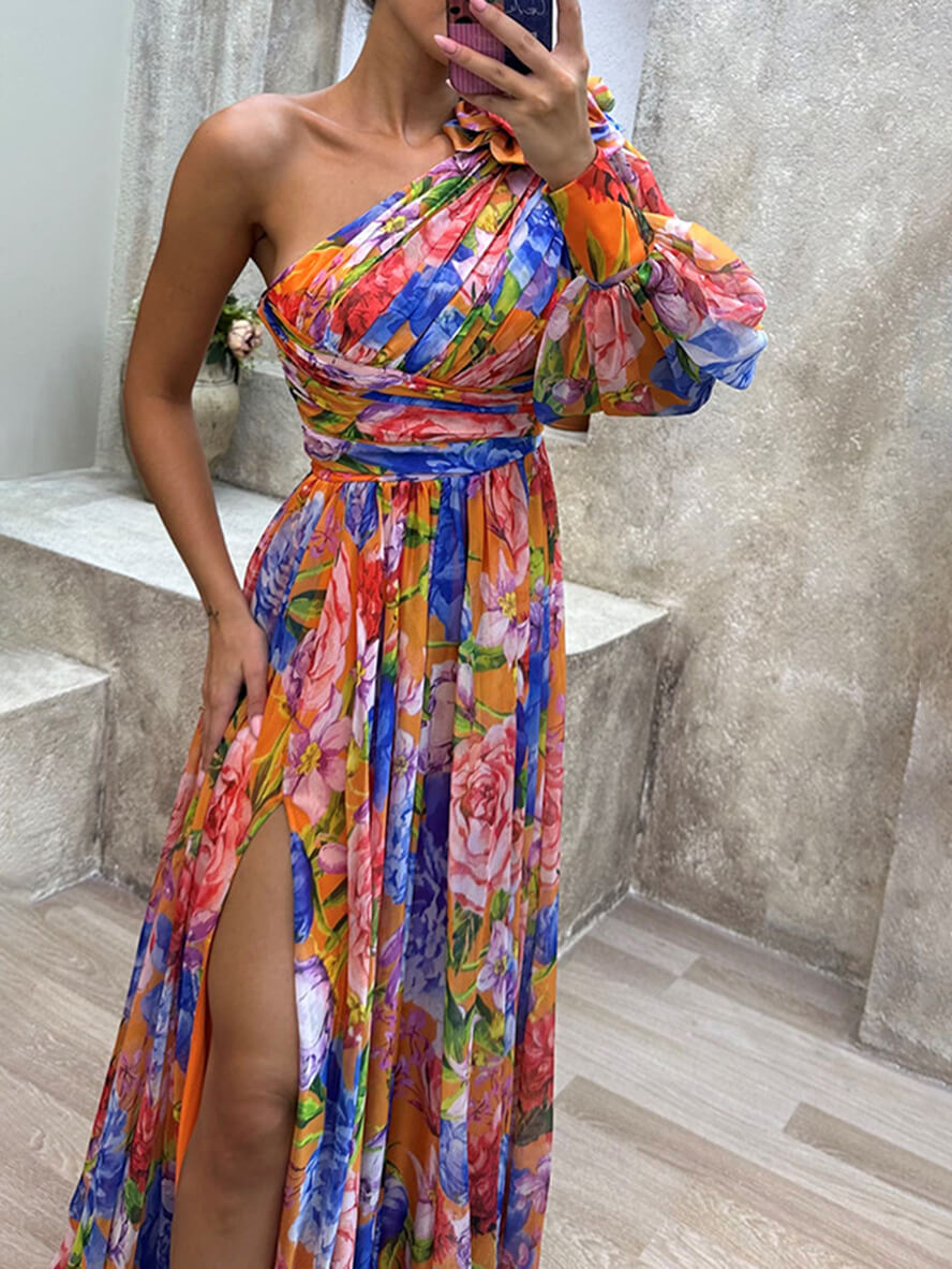Floral One-Shoulder Maxi Dress with Side Slit in Orange – close-up of bodice and side slit