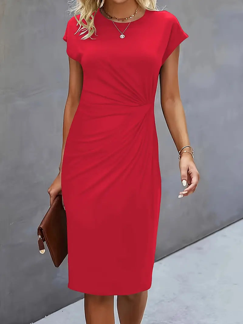 Round Neck Short Sleeve Ruched Midi Dress – Red