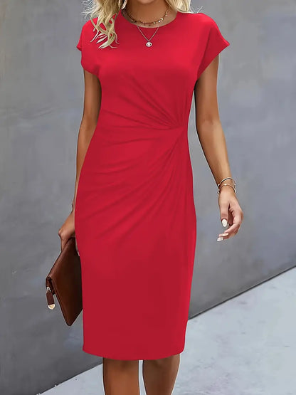Round Neck Short Sleeve Ruched Midi Dress – Red