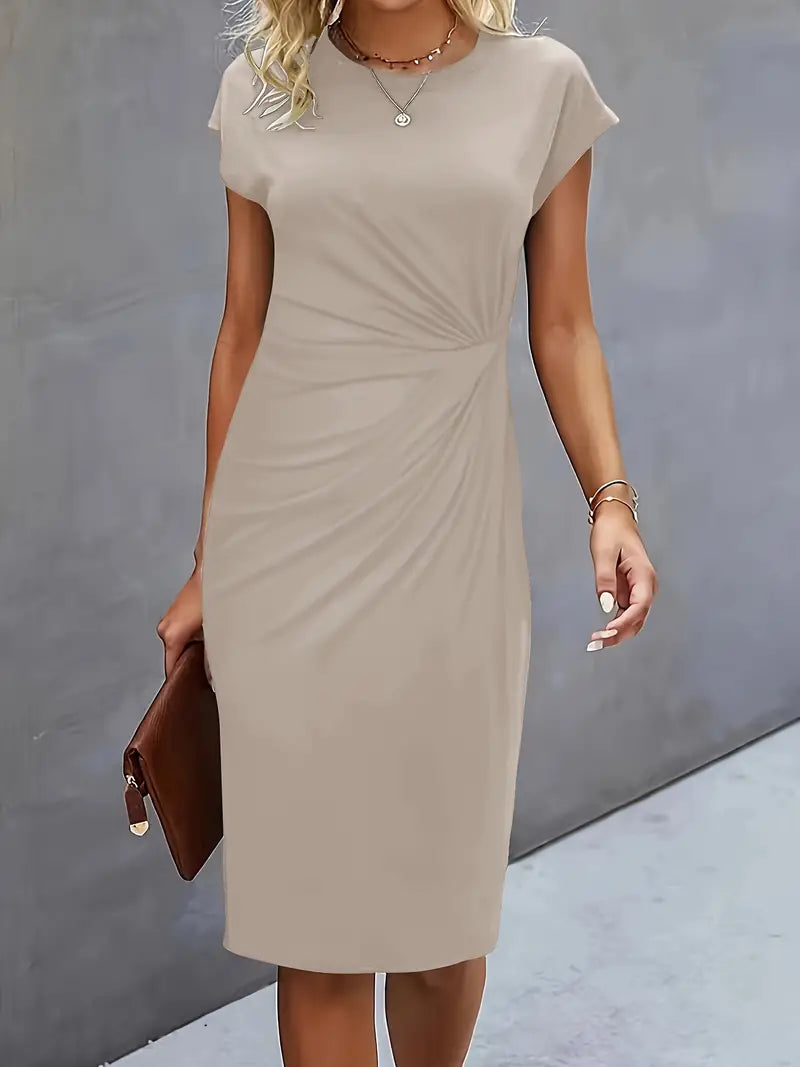 Round Neck Short Sleeve Ruched Midi Dress – Beige