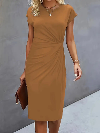 Round Neck Short Sleeve Ruched Midi Dress – Khaki