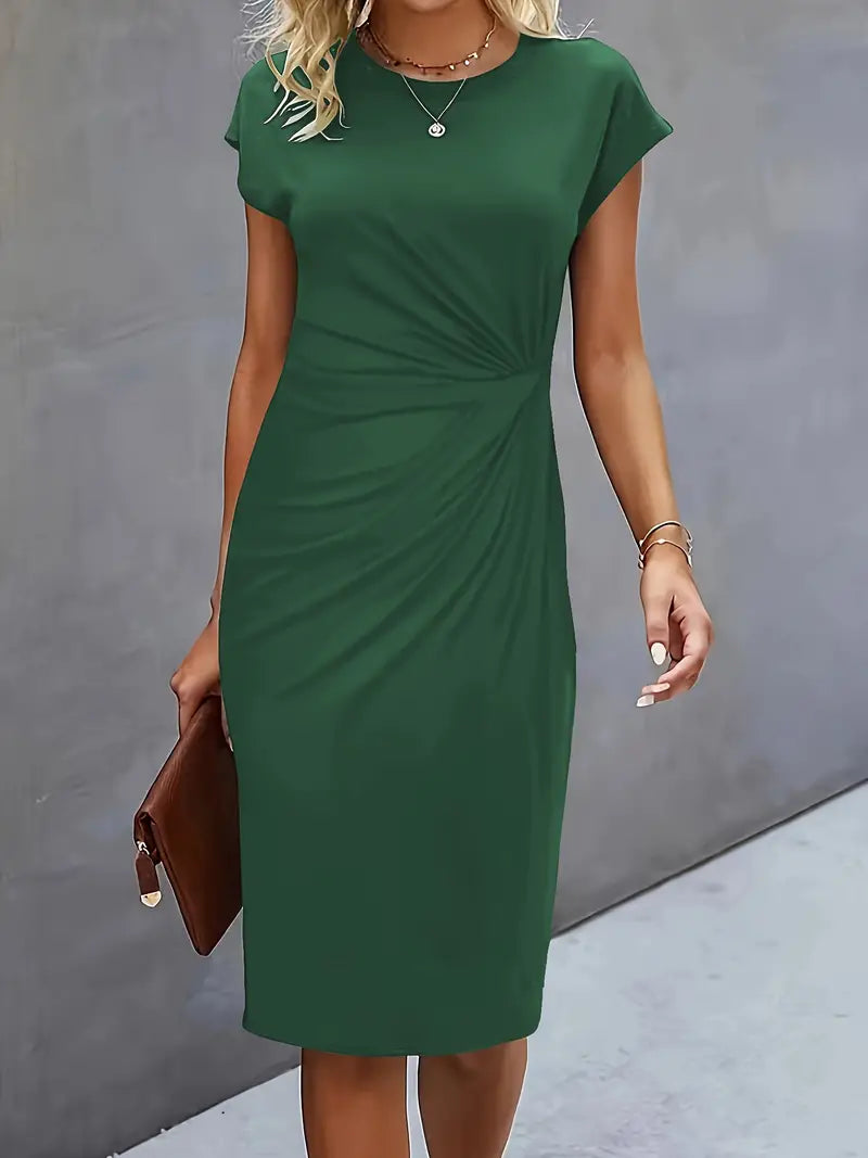 Round Neck Short Sleeve Ruched Midi Dress – Dark Green