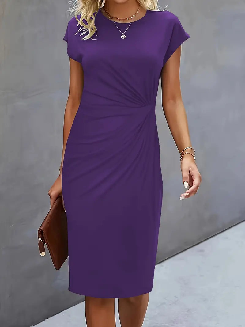 Round Neck Short Sleeve Ruched Midi Dress – Violet Blue