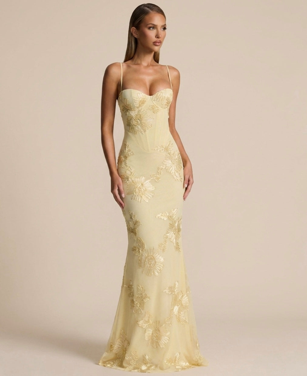 Yellow Floral Appliqué Corset Maxi Dress – front view in a studio