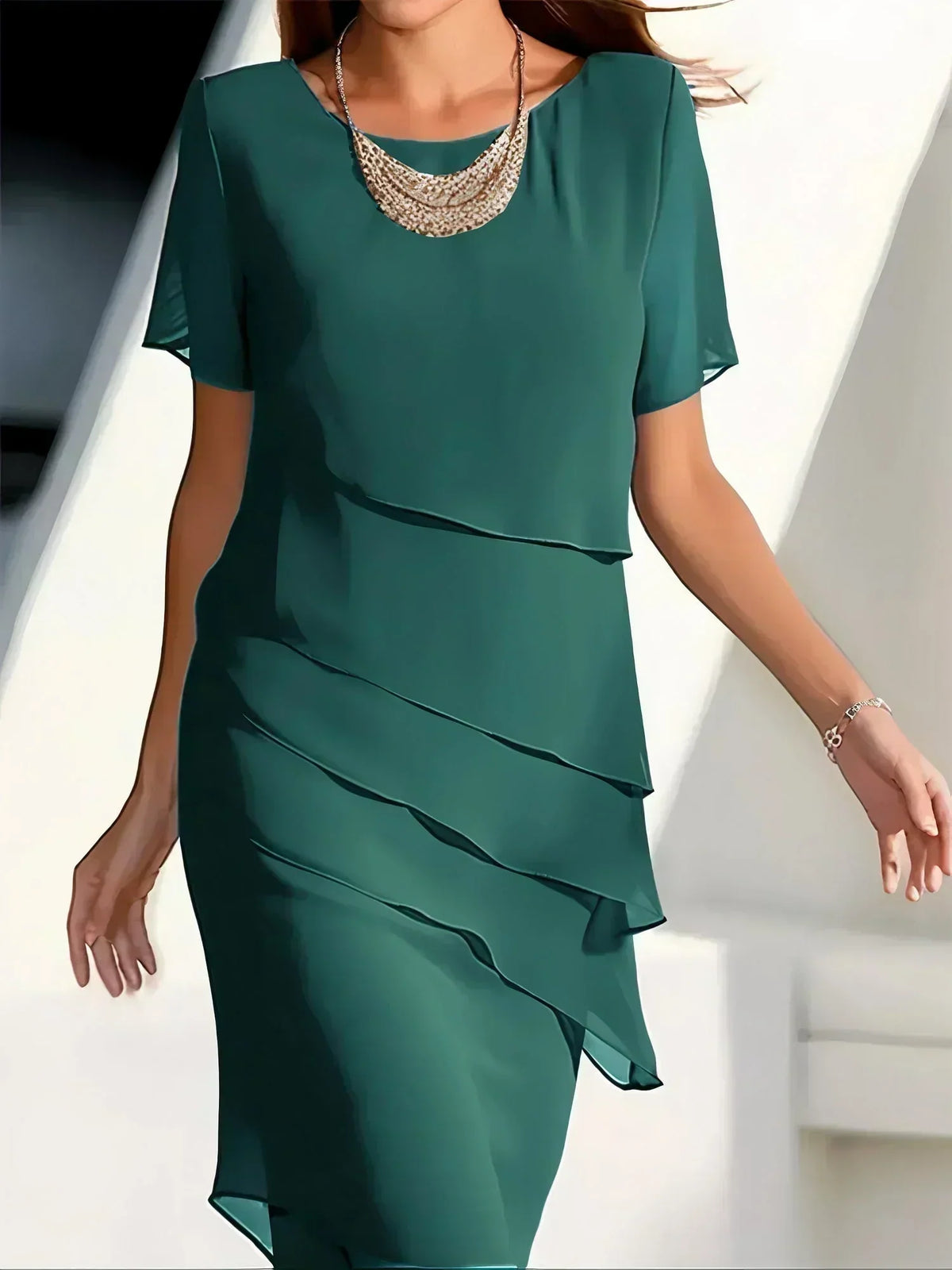 Layered Hem Short Sleeve Midi Dress – Green