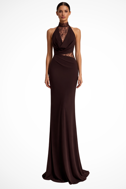 Brown Halter Lace Maxi Dress – front view showing high lace halter neck