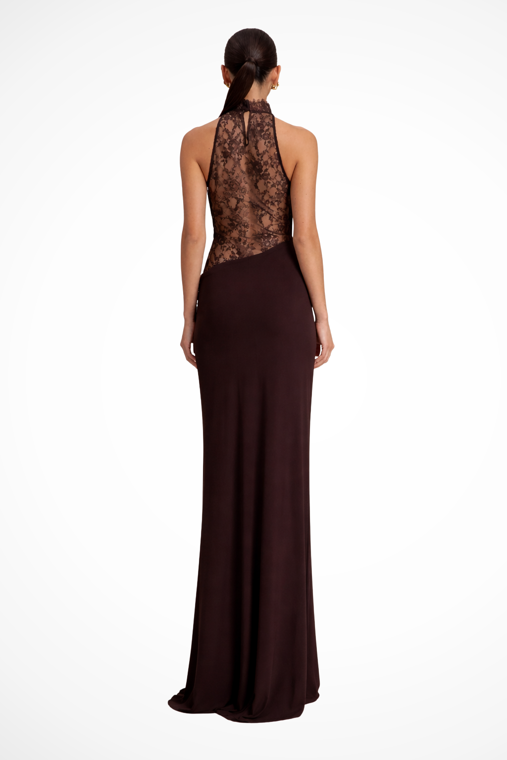 Brown Halter Lace Maxi Dress – back view showing sheer lace back