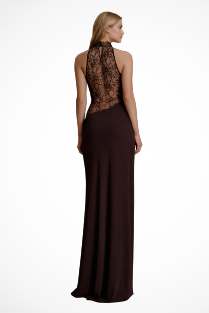 Brown Halter Lace Maxi Dress – back view, full length