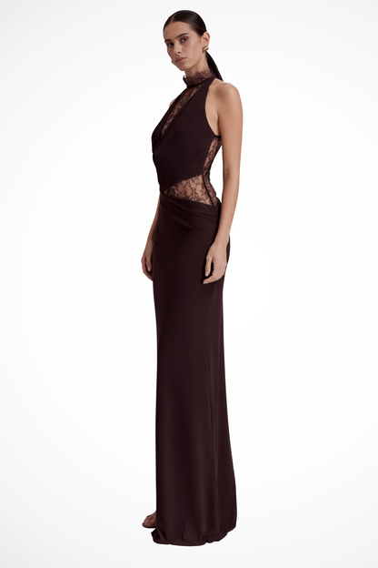 Brown Halter Lace Maxi Dress – side view