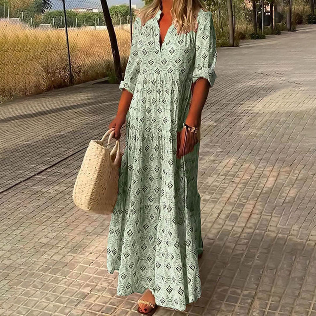 Boho V-Neck Flowing Maxi Dress – Green