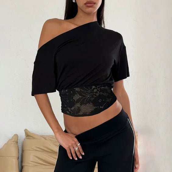 Close-up of black off-shoulder neckline and lace hem