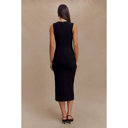 Back view of black midi sheath dress with back zip