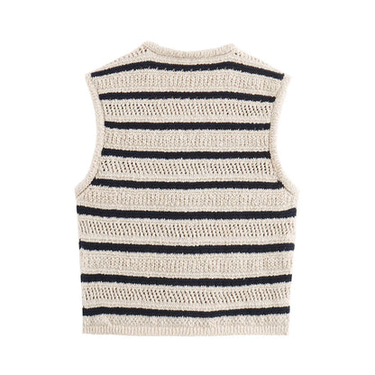 Flat back view of cream and navy striped knit vest