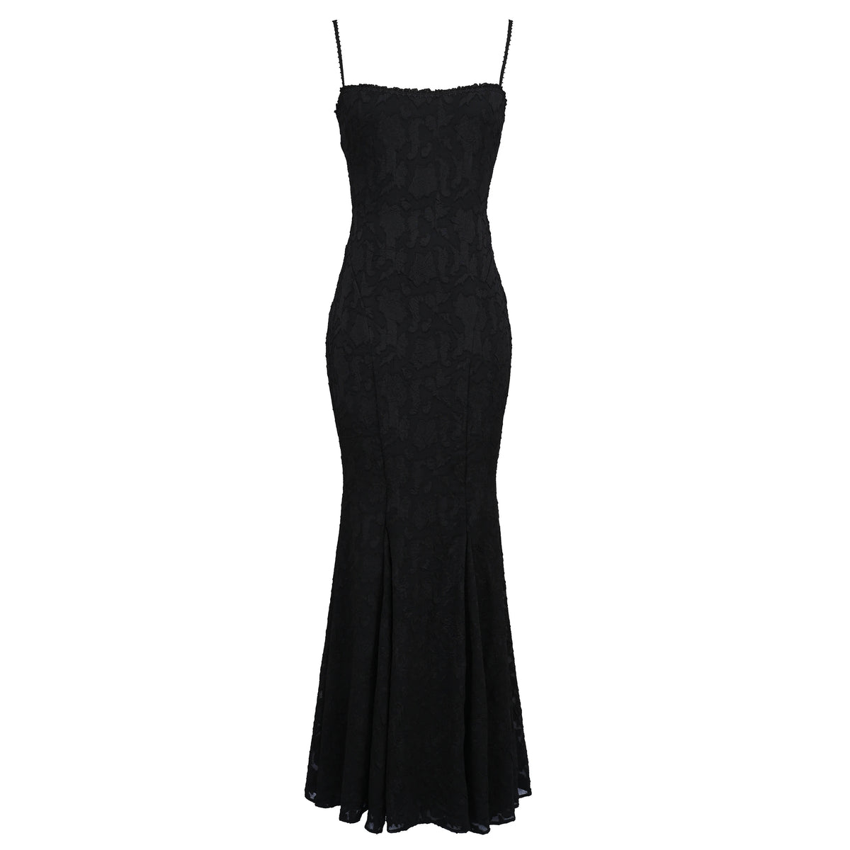 Flat view of black lace mermaid maxi dress on a white background