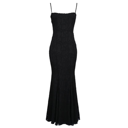 Flat view of black lace mermaid maxi dress on a white background