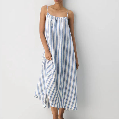 Front view of blue striped maxi dress with gathered scoop neckline