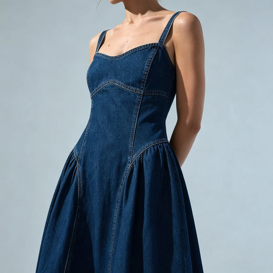 Close-up of blue denim dress structured bodice and gathered skirt
