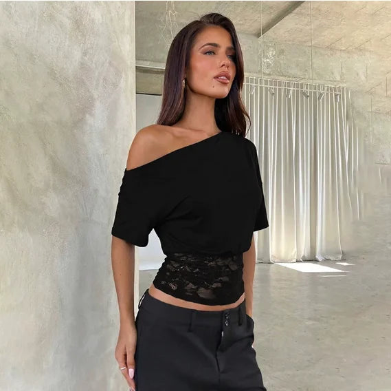Black asymmetric off-shoulder tee with lace waist panel