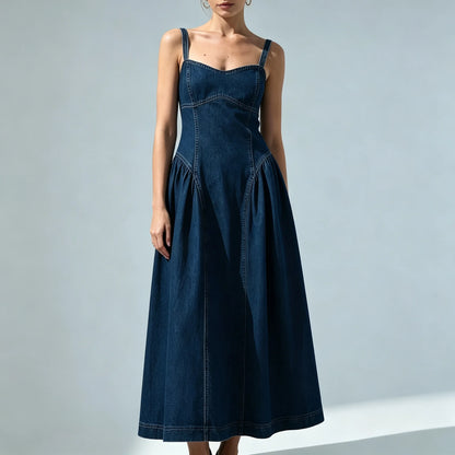 Front view of blue denim midi dress with sweetheart neckline