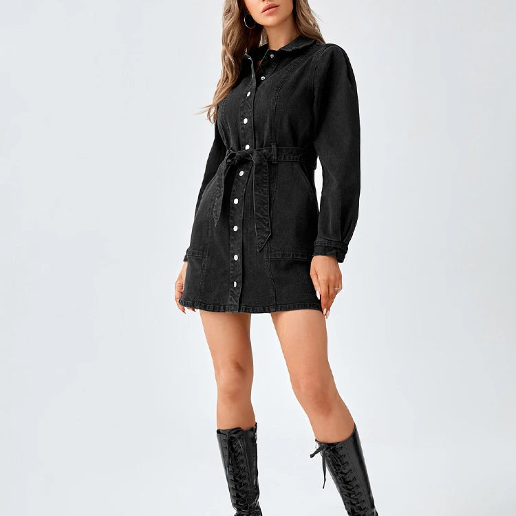 Full-length view of black denim belted shirt dress with black lace-up boots