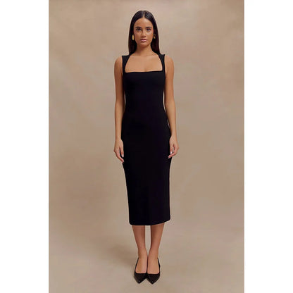 Front view of black square neck sleeveless midi dress