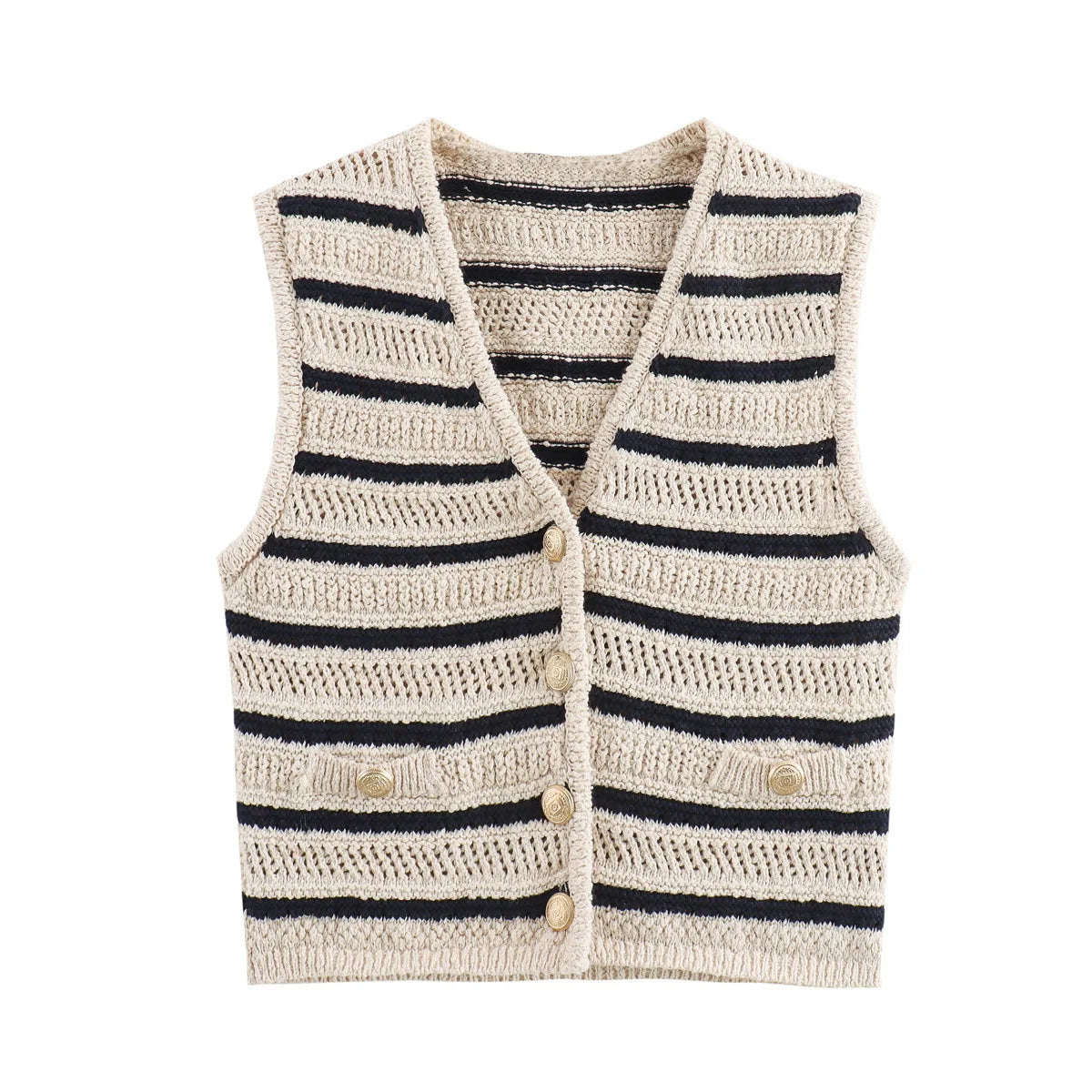 Flat front view of cream and navy striped knit vest