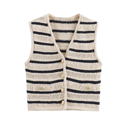 Flat front view of cream and navy striped knit vest