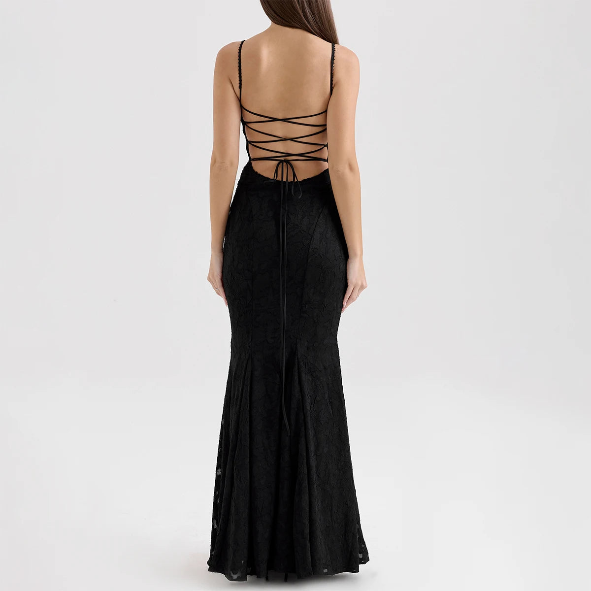 Back view of black lace mermaid dress with crisscross lace-up open back