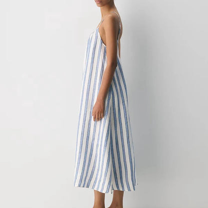 Side view of striped crinkle slip maxi dress