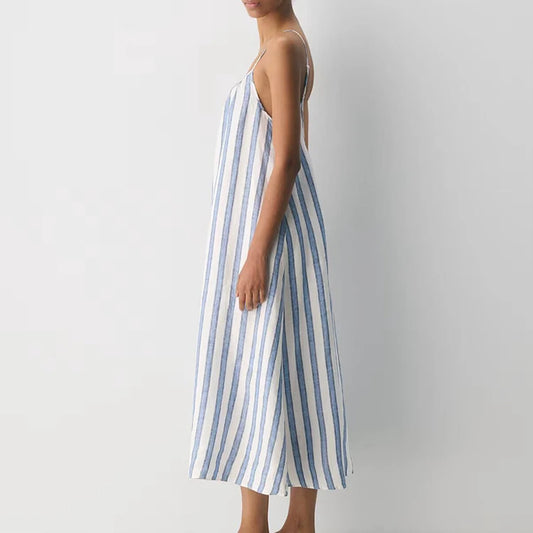 Side view of striped crinkle slip maxi dress