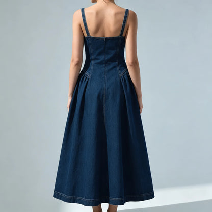 Back view of blue denim midi dress with A-line skirt