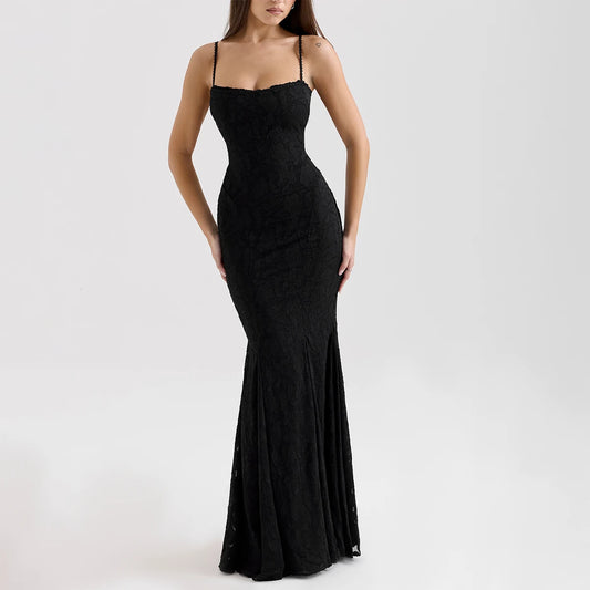 Front view of black lace mermaid maxi dress with square neckline