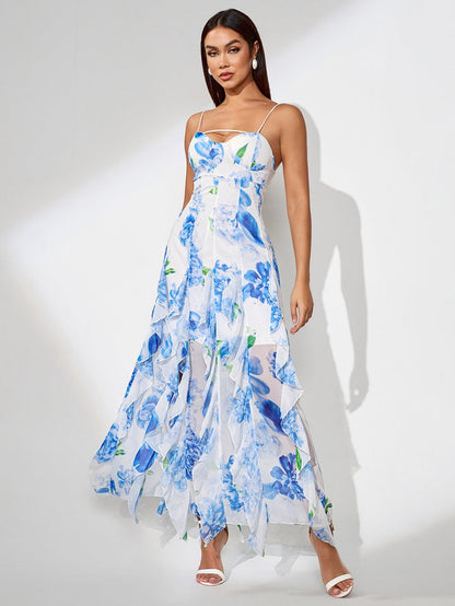 White & Blue Floral Tiered Ruffle Corset Maxi Dress