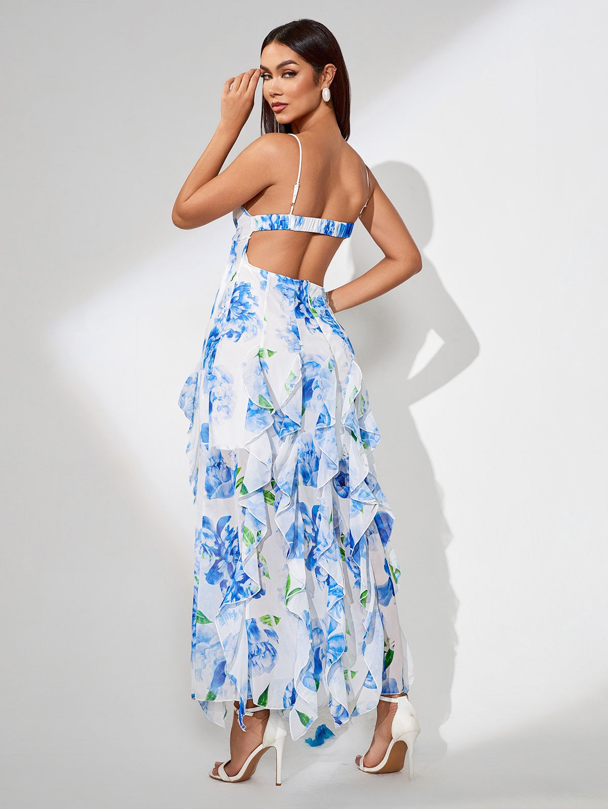 White & Blue Floral Tiered Ruffle Corset Maxi Dress
