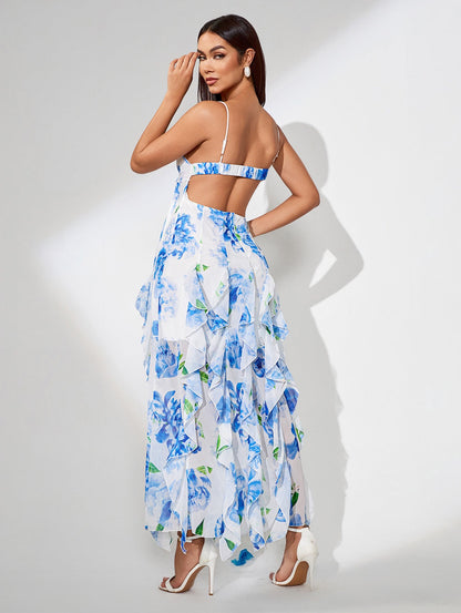 White & Blue Floral Tiered Ruffle Corset Maxi Dress