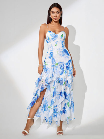 White & Blue Floral Tiered Ruffle Corset Maxi Dress